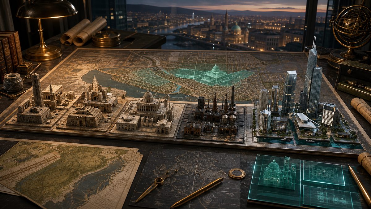Editorial city-planning table with era-spanning architectural models, translucent civic overlays, and a dusk skyline