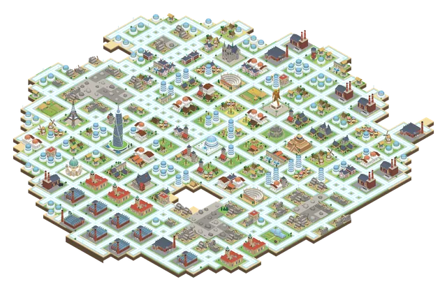 An island of The Beyond: glowing white streets, glass habitats and a soaring spire among the older quarters.