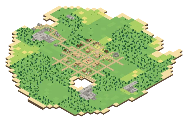 A Bronze Age island: a growing grid of dirt roads with mud-brick homes, fields and a market, ringed by forest.