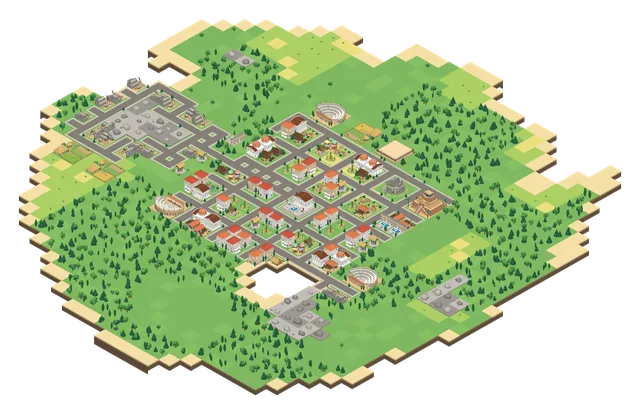 A Classical Age island: red-tiled villas, amphitheaters and gardens along stone roads, with forest beyond.