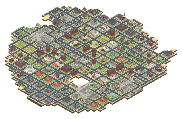 An Industrial Age island: brick terraces, factories with tall chimneys and grey roads covering the whole island.