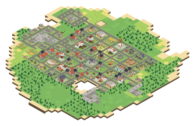 A Medieval island: timber townhouses and red-roofed homes around stone streets, with the Colossus standing tall.