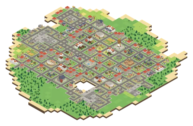 A Renaissance island: a dense city of red-roofed palazzos, plazas and amphitheaters across most of the island.