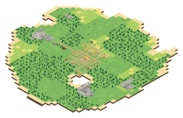 A Stone Age island: a small camp of thatched huts and dirt paths around the Town Center, in a clearing of the forest.
