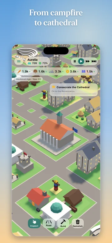 From campfire to cathedral: a Medieval town, with the goal card Consecrate the Cathedral.