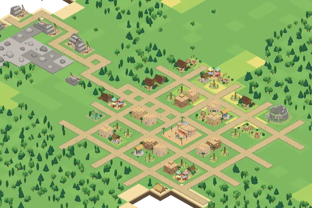 The town of a growing city of the Bronze Age, rendered by the game.