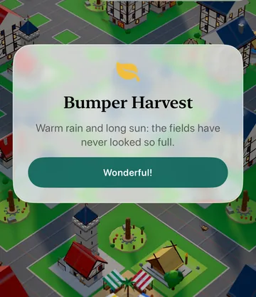 The Bumper Harvest event card in the game, with its choices