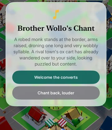 The Brother Wollo's Chant event card in the game, with its choices