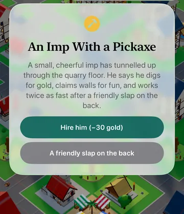 The An Imp With a Pickaxe event card in the game, with its choices