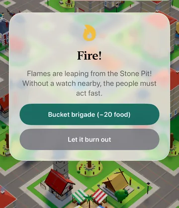 The Fire! event card in the game, with its choices