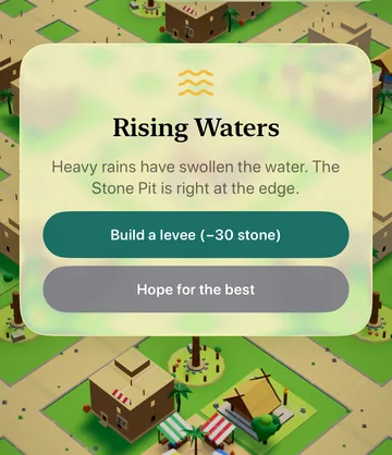 The Rising Waters event card in the game, with its choices