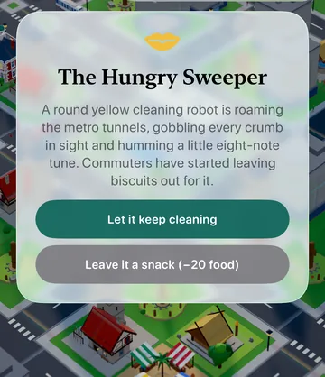 The Hungry Sweeper event card in the game, with its choices