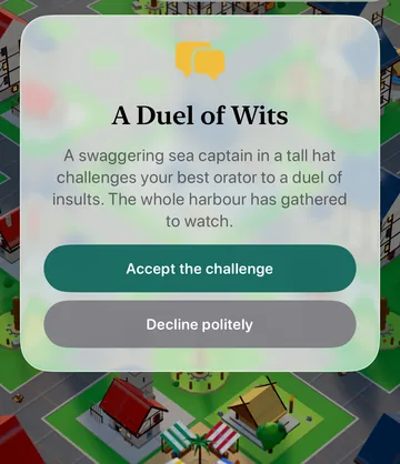 The A Duel of Wits event card in the game, with its choices