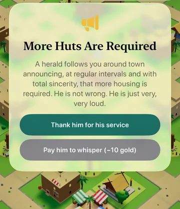 The More Huts Are Required event card in the game, with its choices