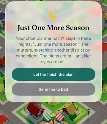 The Just One More Season event card in the game, with its choices