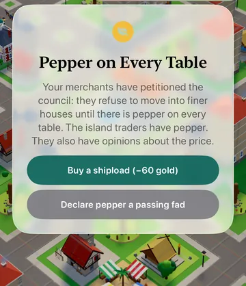 The Pepper on Every Table event card in the game, with its choices