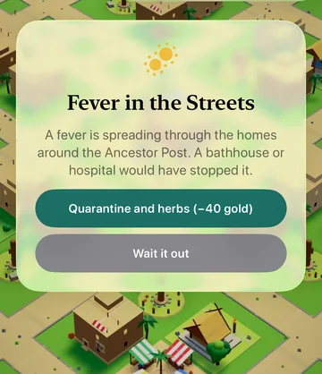 The Fever in the Streets event card in the game, with its choices