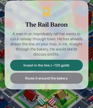 The Rail Baron event card in the game, with its choices