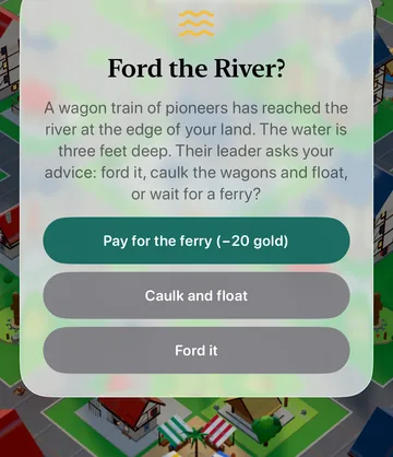 The Ford the River? event card in the game, with its choices