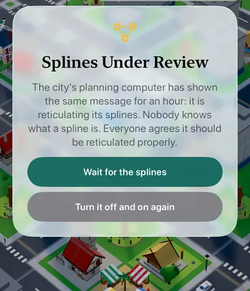 The Splines Under Review event card in the game, with its choices