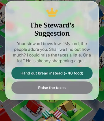 The Steward's Suggestion event card in the game, with its choices