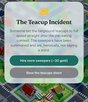 The Teacup Incident event card in the game, with its choices