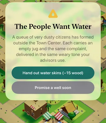 The People Want Water event card in the game, with its choices