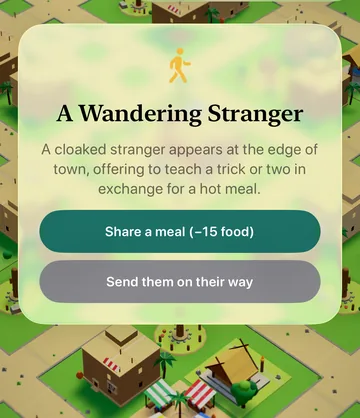 The A Wandering Stranger event card in the game, with its choices