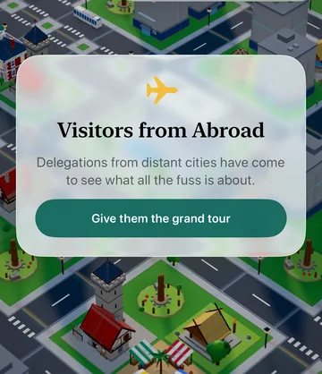 The Visitors from Abroad event card in the game, with its choices