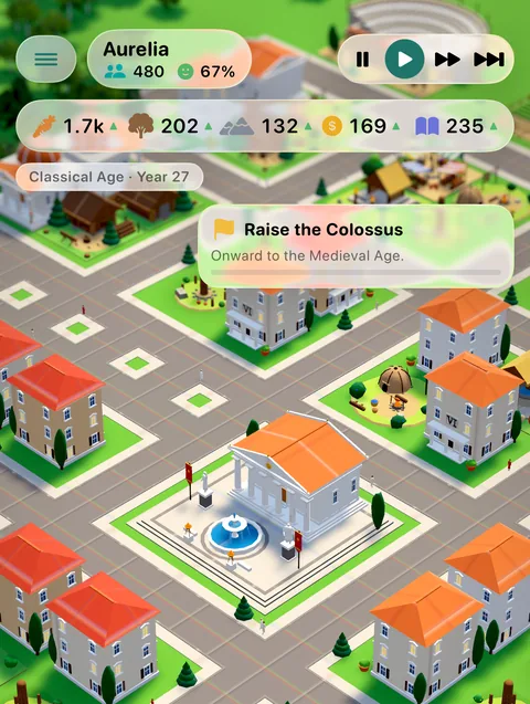 A Classical Age city in the game: red-tiled villas, a market and a fountain along stone roads, with the goal card Raise the Colossus.
