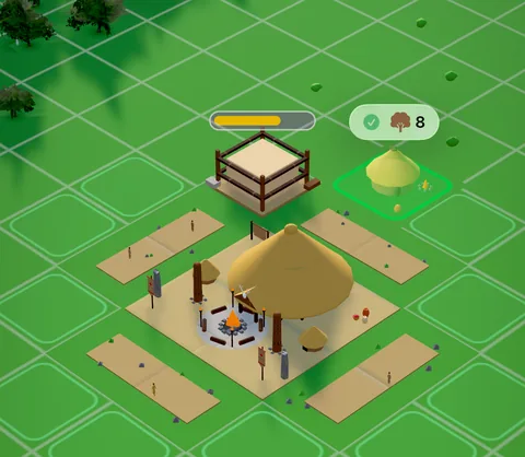 A house under construction in the game, with a progress bar floating over its scaffolding.