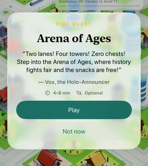 The invitation card for Arena of Ages in the game: the quest's name, Vox, the Holo-Announcer's invitation in quotes, the estimated minutes, Optional, and the Play and Not now buttons.