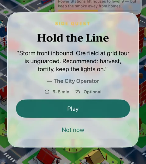 The invitation card for Hold the Line in the game: the quest's name, The City Operator's invitation in quotes, the estimated minutes, Optional, and the Play and Not now buttons.