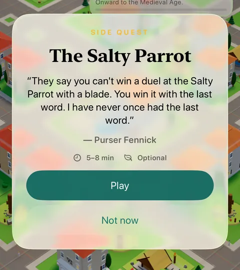 The invitation card for The Salty Parrot in the game: the quest's name, Purser Fennick's invitation in quotes, the estimated minutes, Optional, and the Play and Not now buttons.