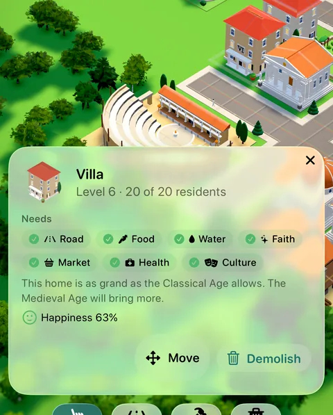 A house selected in the game, with its needs list showing the services it has and the next one it lacks.