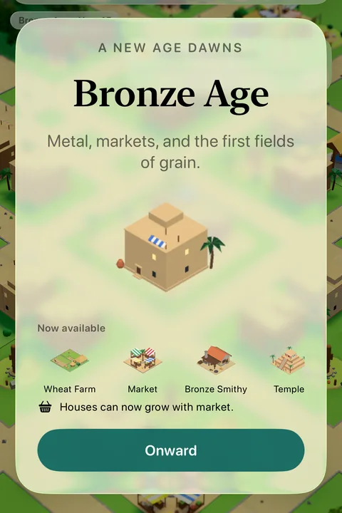 The new-age card in the game: A new age dawns, the Bronze Age, with the buildings now available and an Onward button.