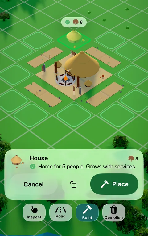 Placing a house in the game: the house waits on its spot beside the Town Center with other spots outlined, above a card reading Home for 5 people, Grows with services, with Cancel, Rotate and Place buttons.