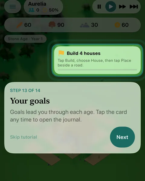 The coach card Your goals, step 13 of 14, beside the goal card Build 4 houses.
