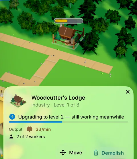 A Woodcutter's Lodge being upgraded, with a progress bar over it and the inspector saying it is still working meanwhile.