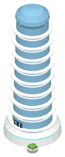 A level 11 home of The Beyond: a slender glass tower with a glowing level plate.