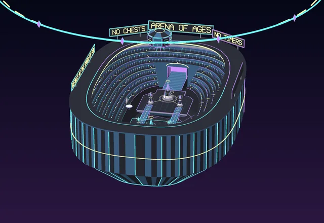 The Arena of Ages from above: an oval stadium of glowing tiers around the battle floor.