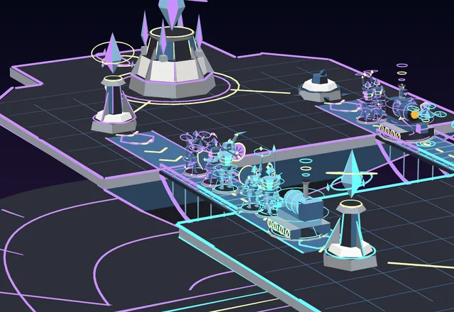 Holographic units cross a glowing light-bridge between towers in a futuristic arena.