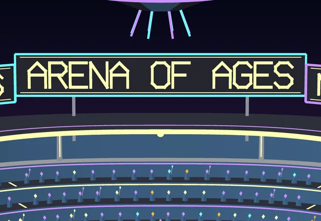 The arena's glowing marquee reading Arena of Ages above the stands.