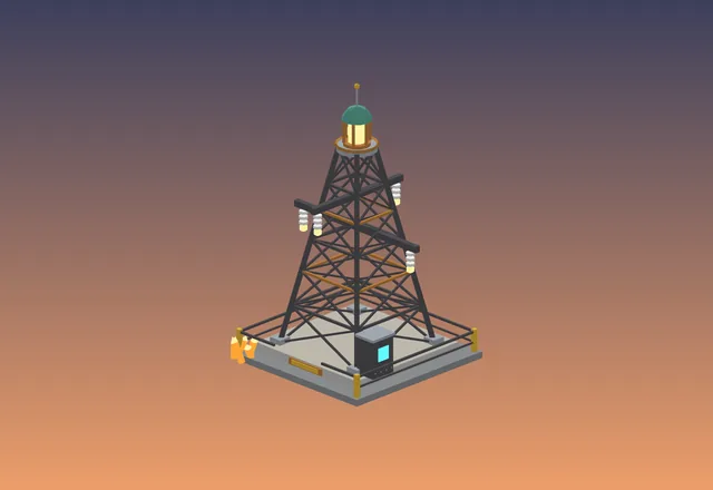 The Signal Pylon: a black lattice tower with a lamp at its top, on a concrete base.