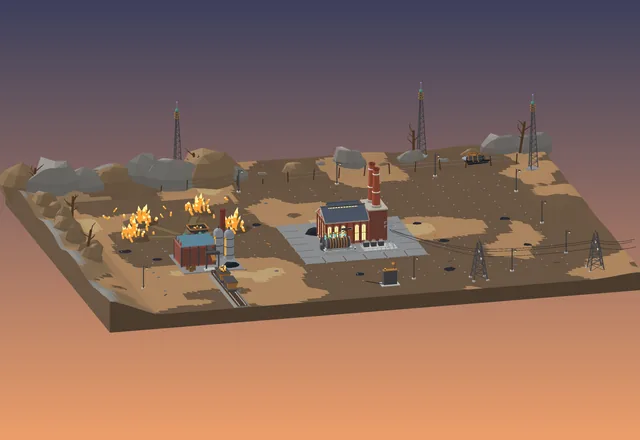 The whole field from afar: the power plant on a dusty plateau under a dark violet sky.