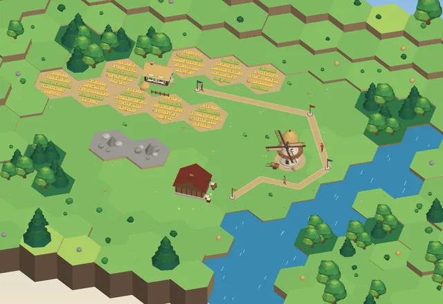 The first board: a wheat field, a stone quarry and the mill on a hex island cut by a river.
