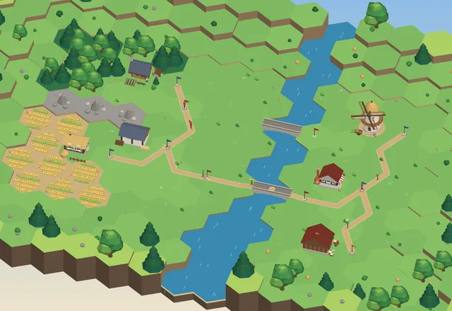 The fifth board: fields, a quarry, a sawmill, a bakery and a bridge over the river, linked by roads.