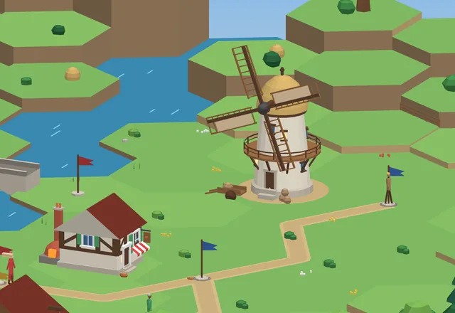 A windmill on a green hex board, with a red-roofed bakery, flags and dirt roads winding between them.
