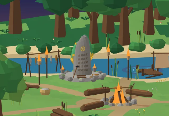 The Mastery Trail's riverside camp at dusk: a notched standing stone draped with a green mantle, torches and a campfire beside the river.