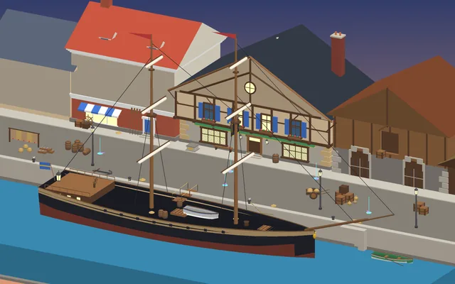The Salty Parrot's harbour, with a tall ship at the quay.